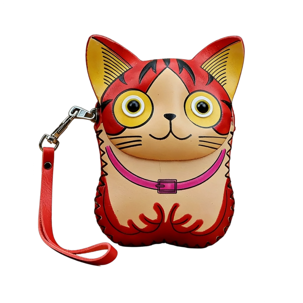Handmade Cat Shape Leather Coin Purse Keychain