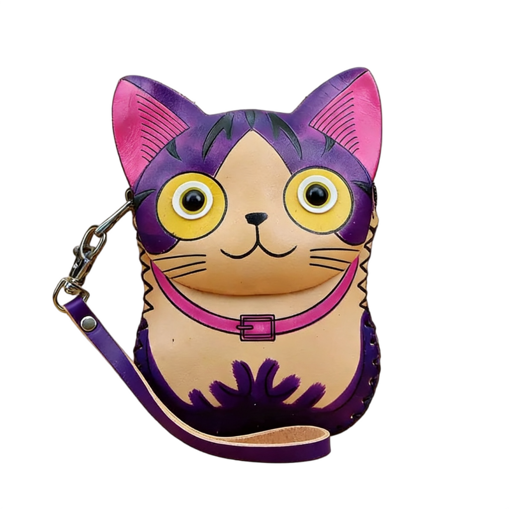Handmade Cat Shape Leather Coin Purse Keychain